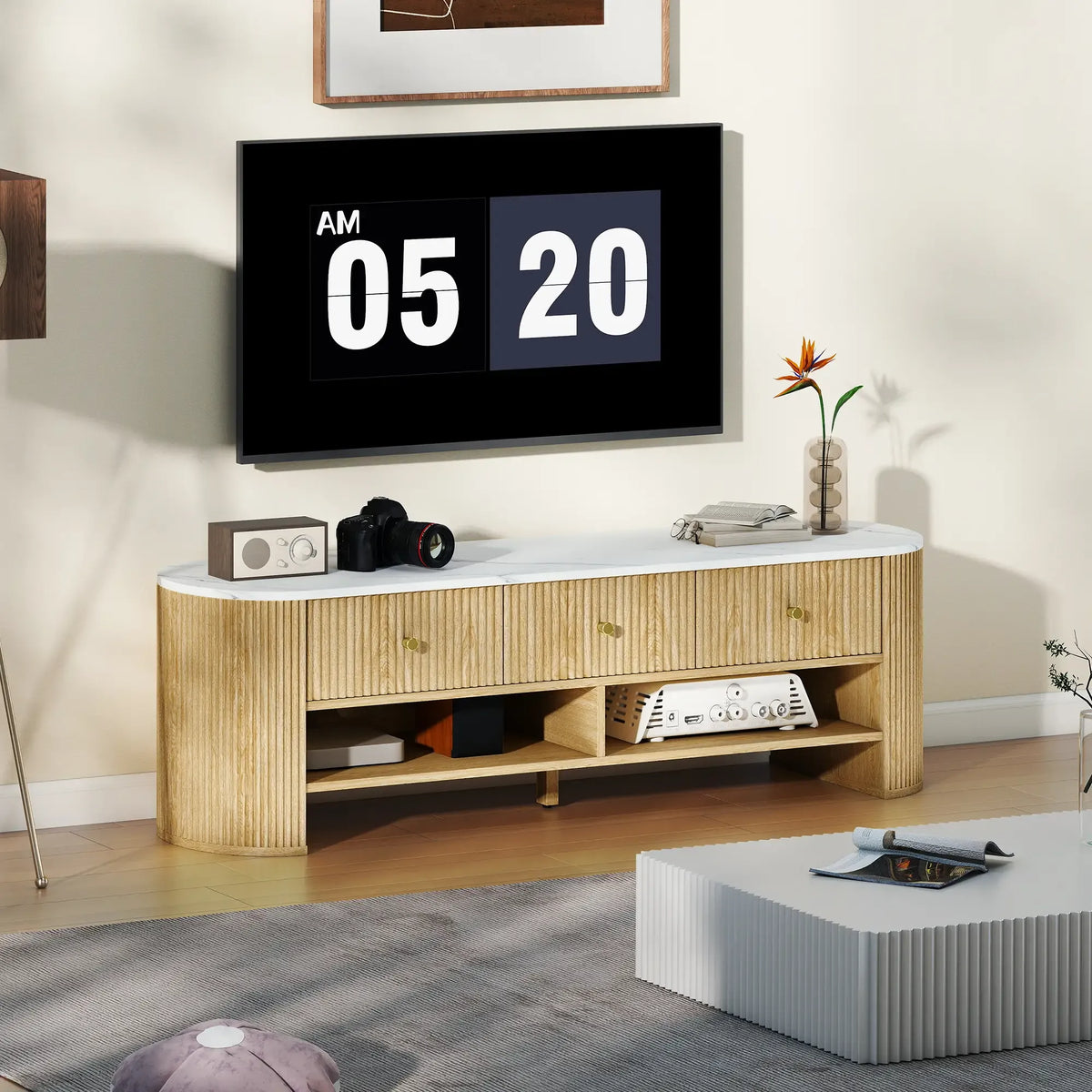 Movany Solen – Meuble TV design bois clair avec plateau effet marbre