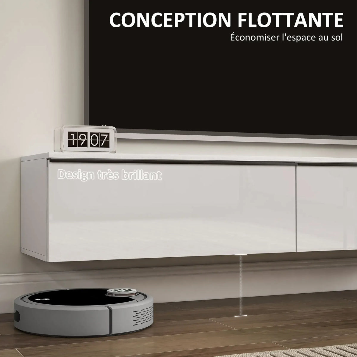 Movany Ivoire – Meuble TV suspendu blanc, rangements fermés