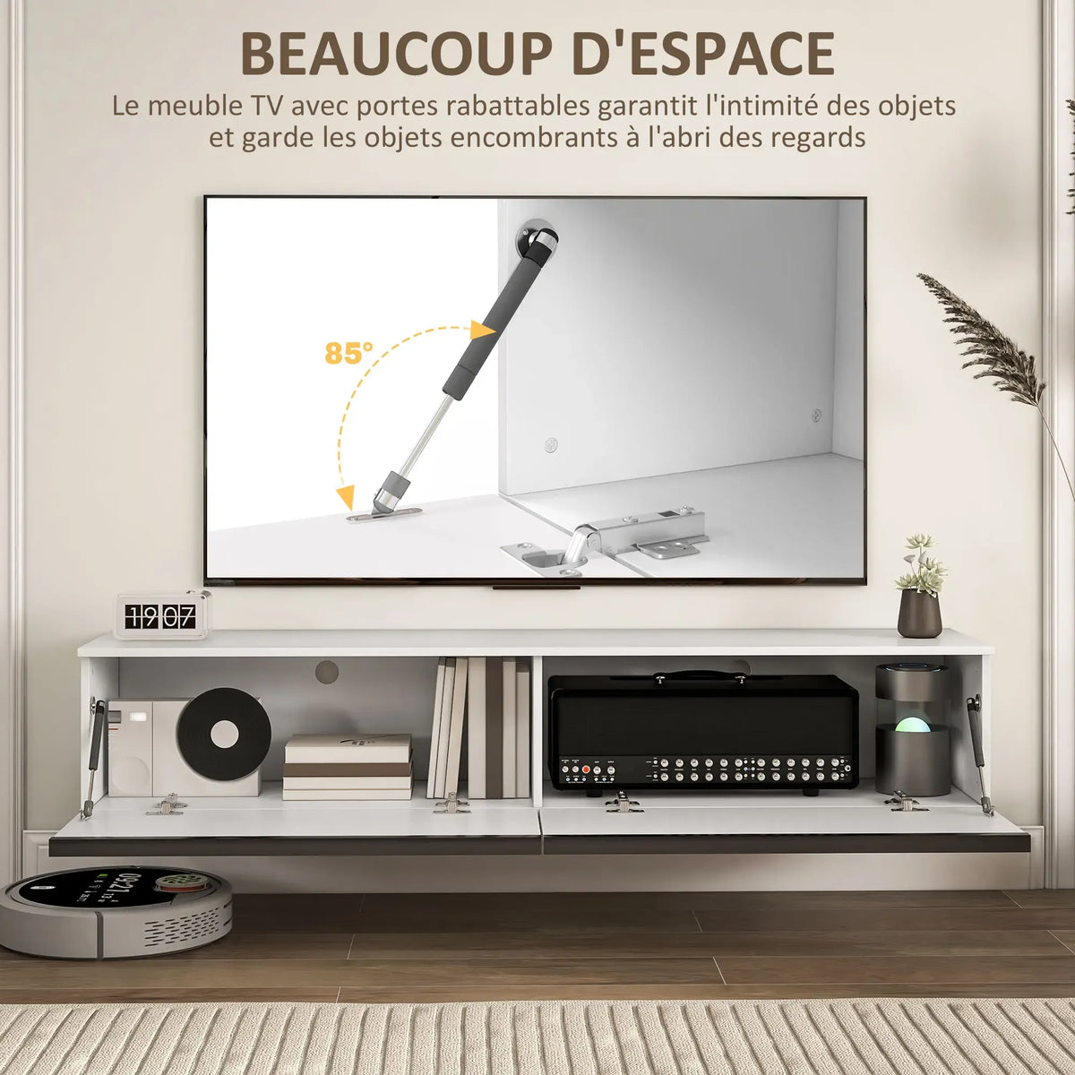 Movany Ivoire – Meuble TV suspendu blanc, rangements fermés