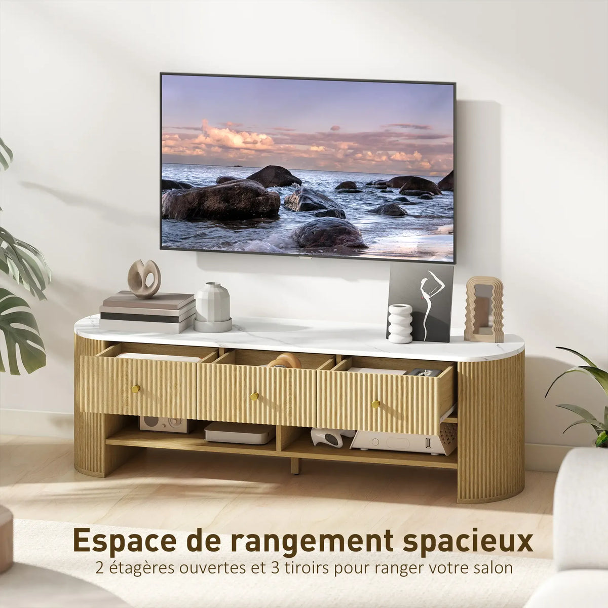Movany Solen – Meuble TV design bois clair avec plateau effet marbre