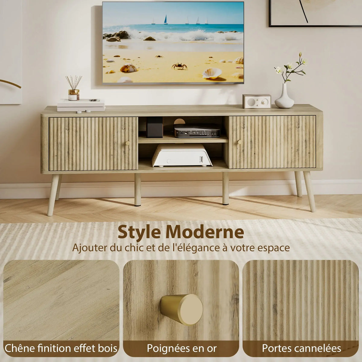 Movany Alma – Meuble TV Hi-Fi bois clair, 2 portes rainurées