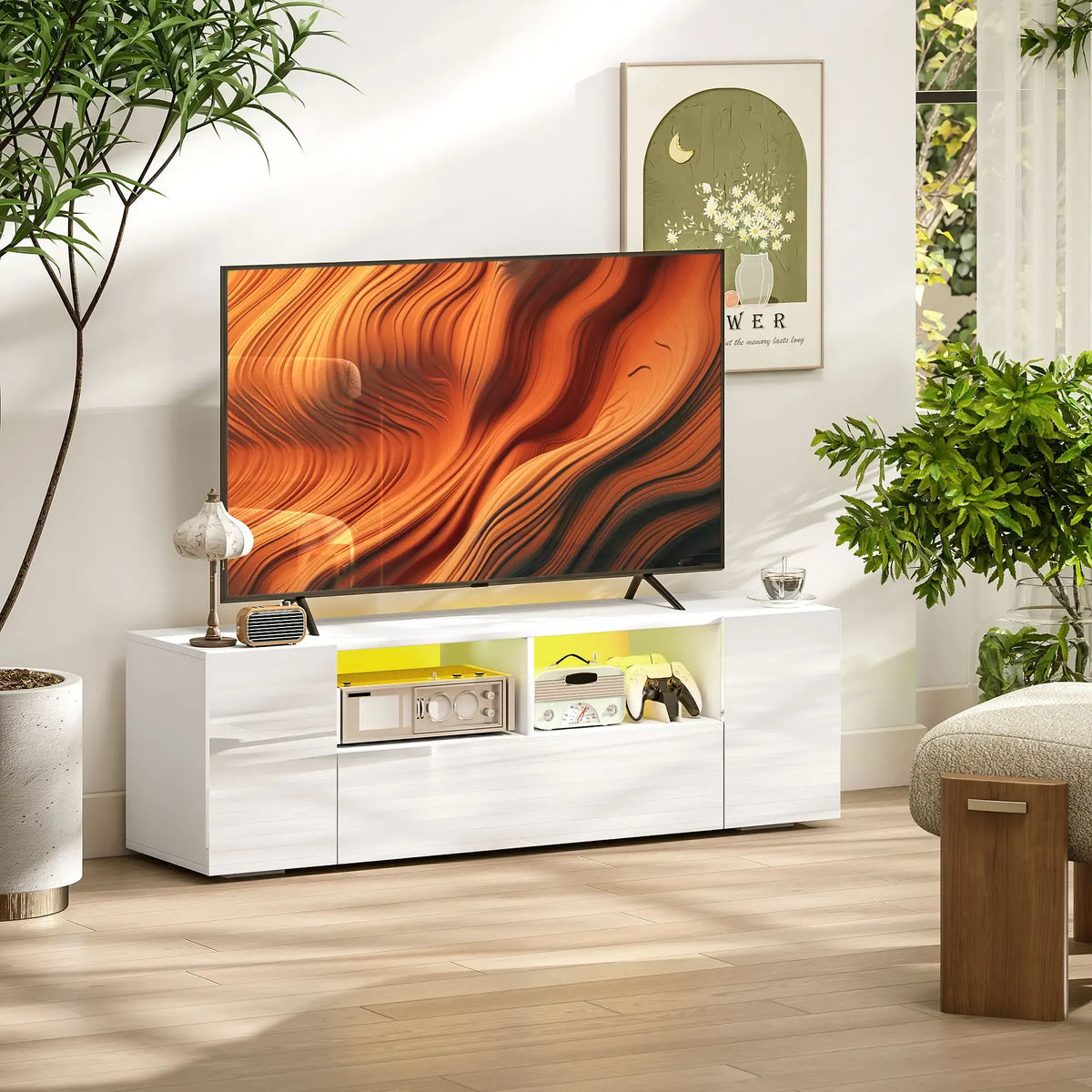 Movany Lumen – Meuble TV Hi-Fi blanc, étagères ouvertes avec éclairage LED