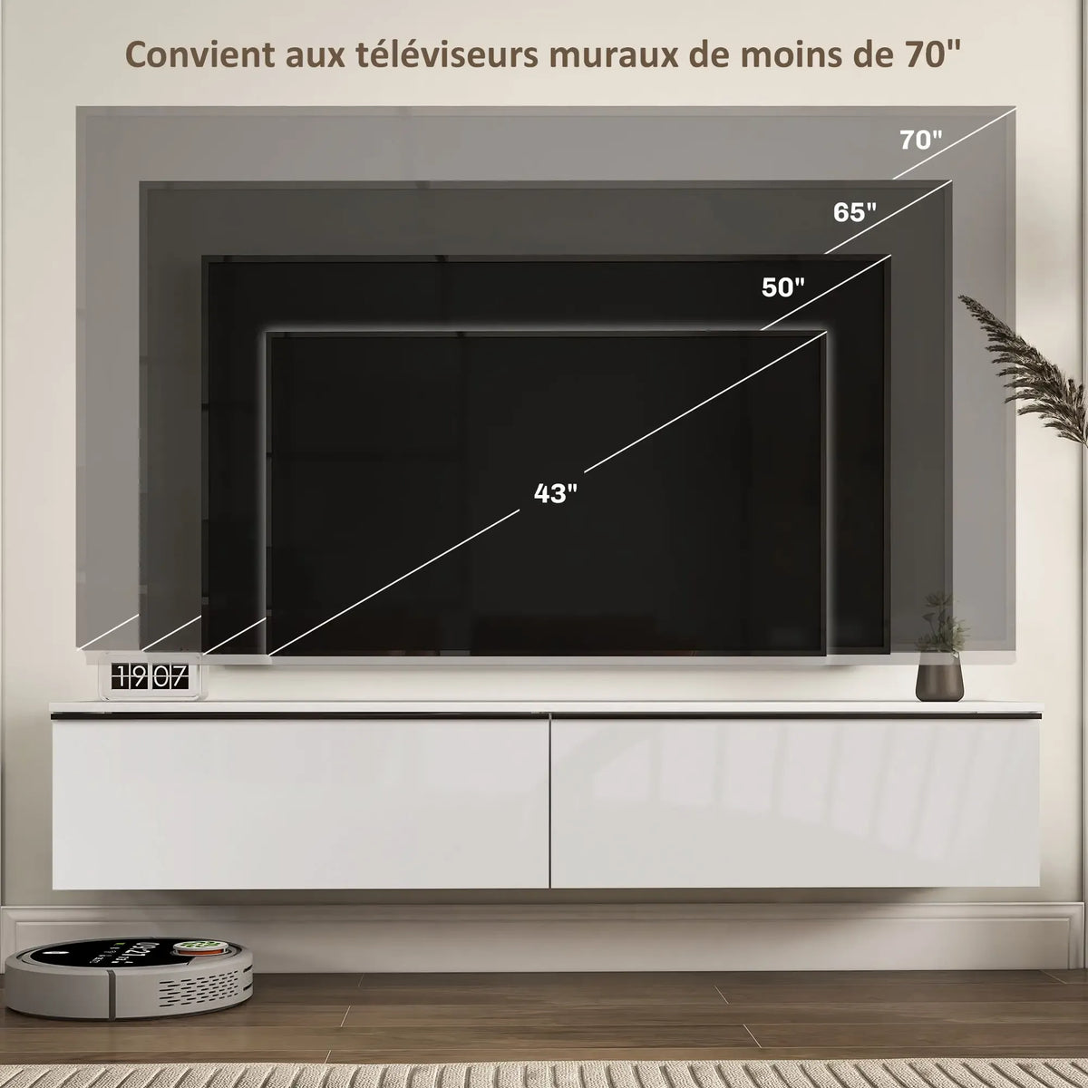 Movany Ivoire – Meuble TV suspendu blanc, rangements fermés