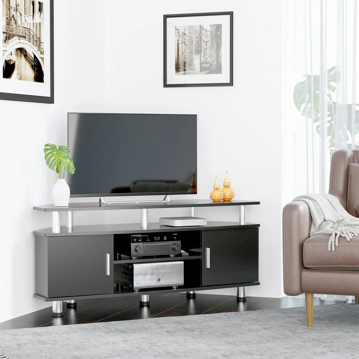 Movany Aluna – Meuble TV Hi-Fi noir, double plateau