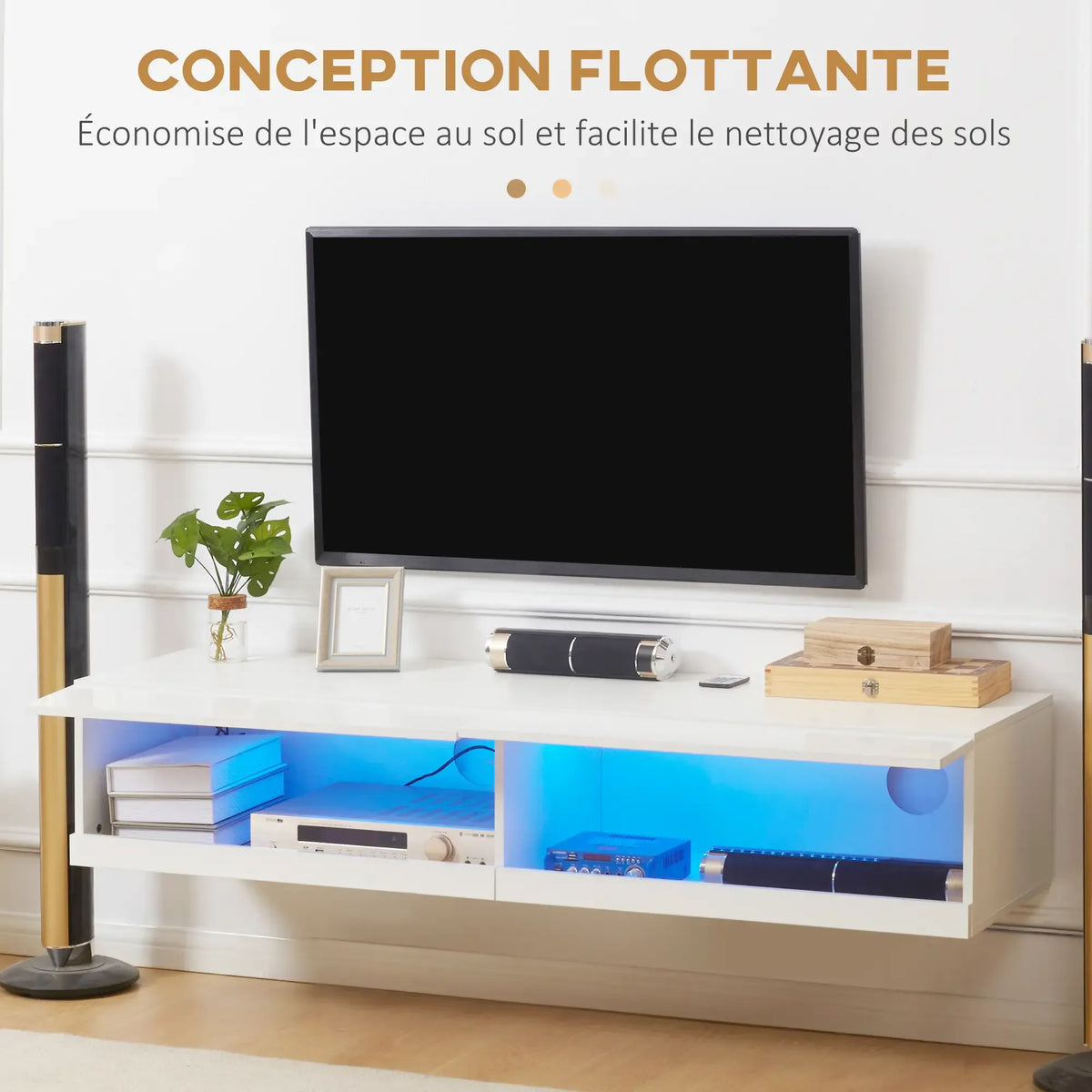 Movany Éclat – Meuble TV suspendu blanc avec éclairage LED