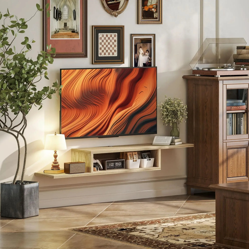 Movany Linea – Meuble TV suspendu bois clair, étagères ouvertes