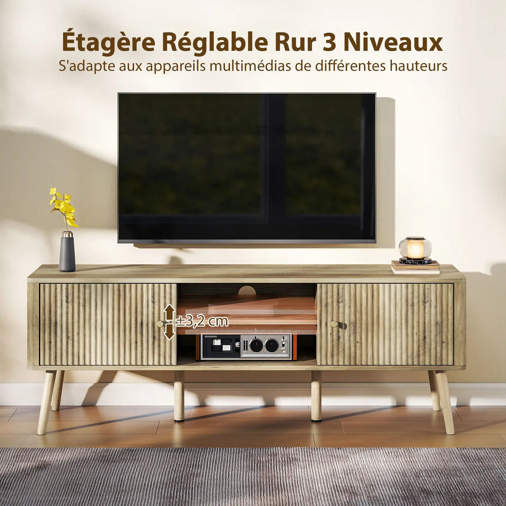Movany Alma – Meuble TV Hi-Fi bois clair, 2 portes rainurées