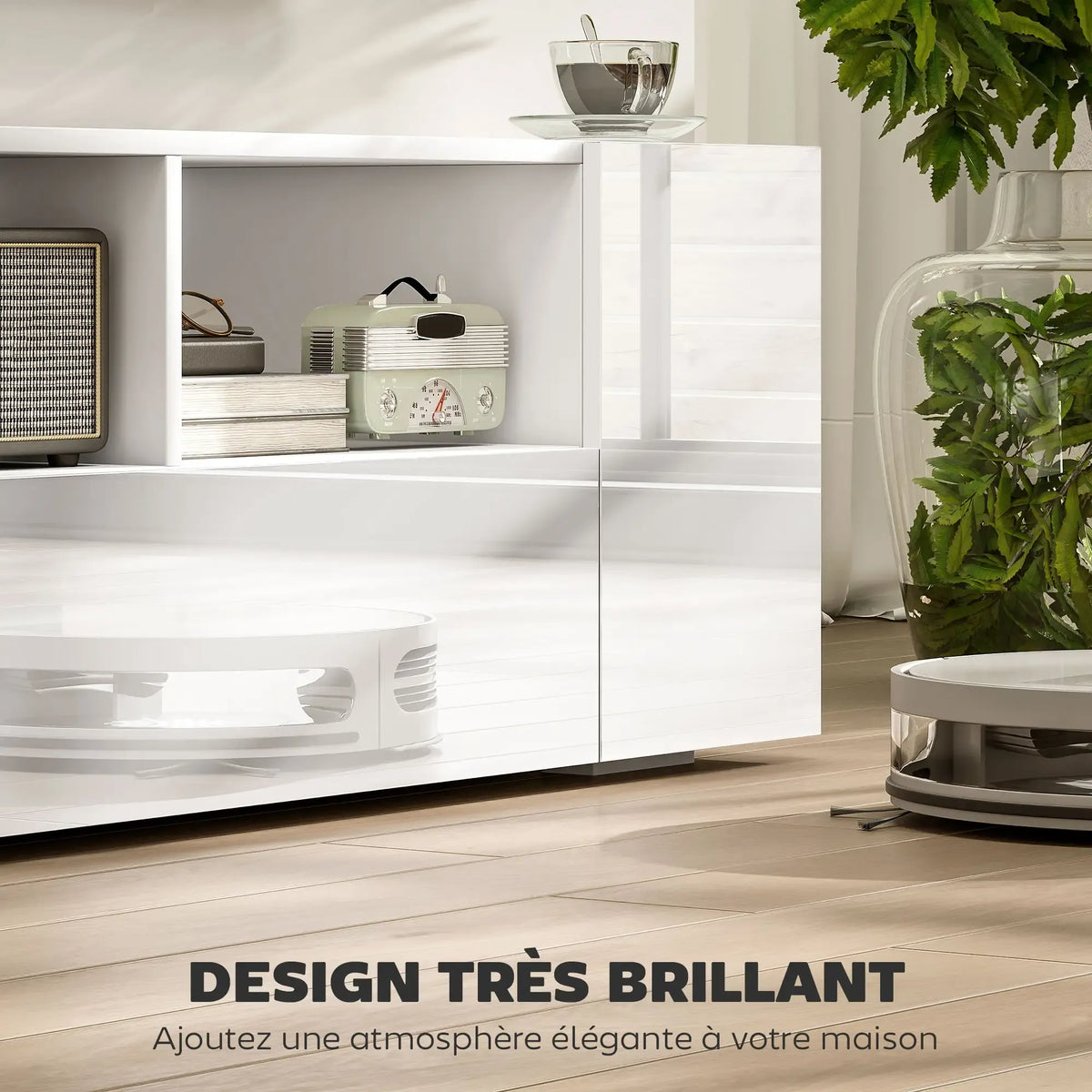 Movany Lumen – Meuble TV Hi-Fi blanc, étagères ouvertes avec éclairage LED