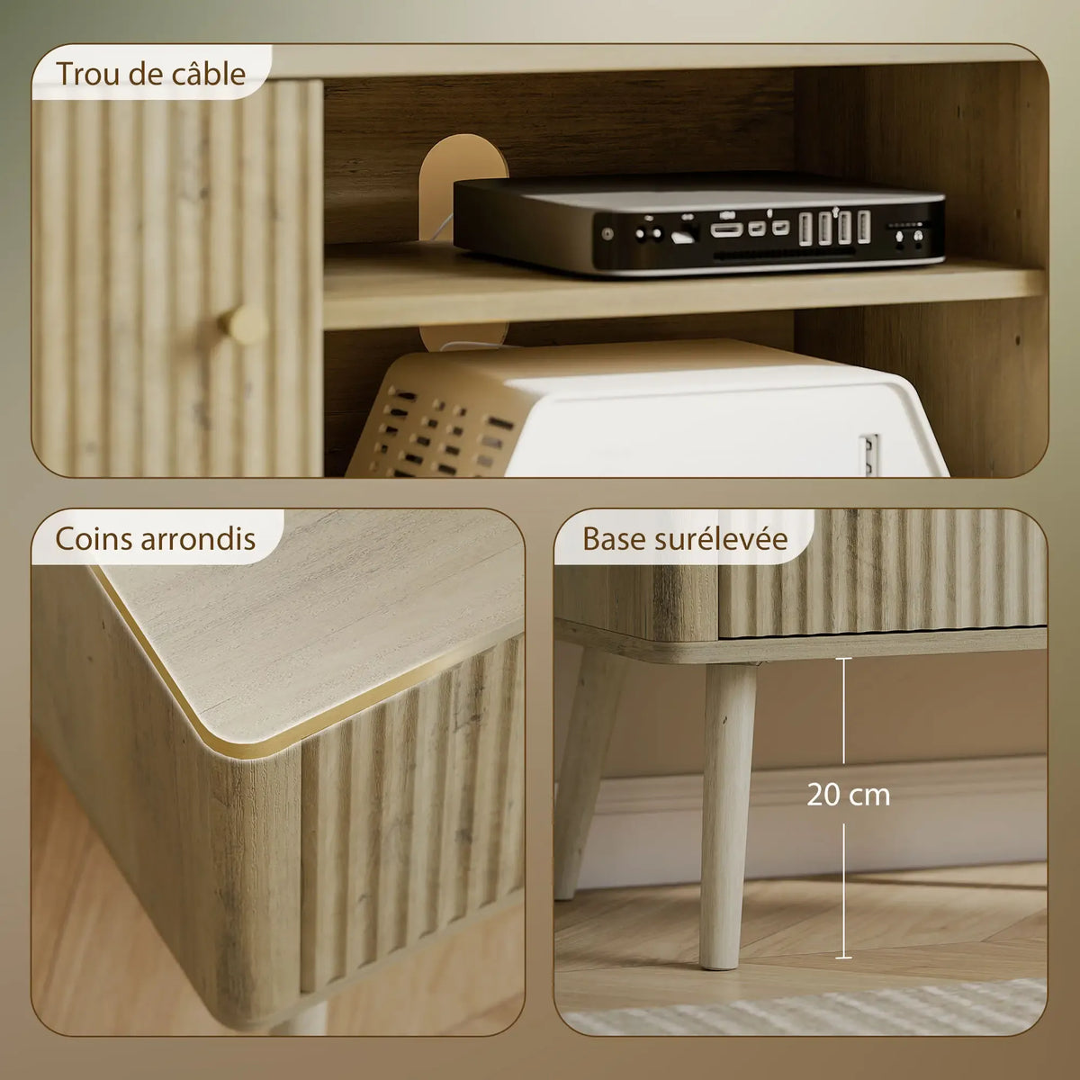 Movany Alma – Meuble TV Hi-Fi bois clair, 2 portes rainurées