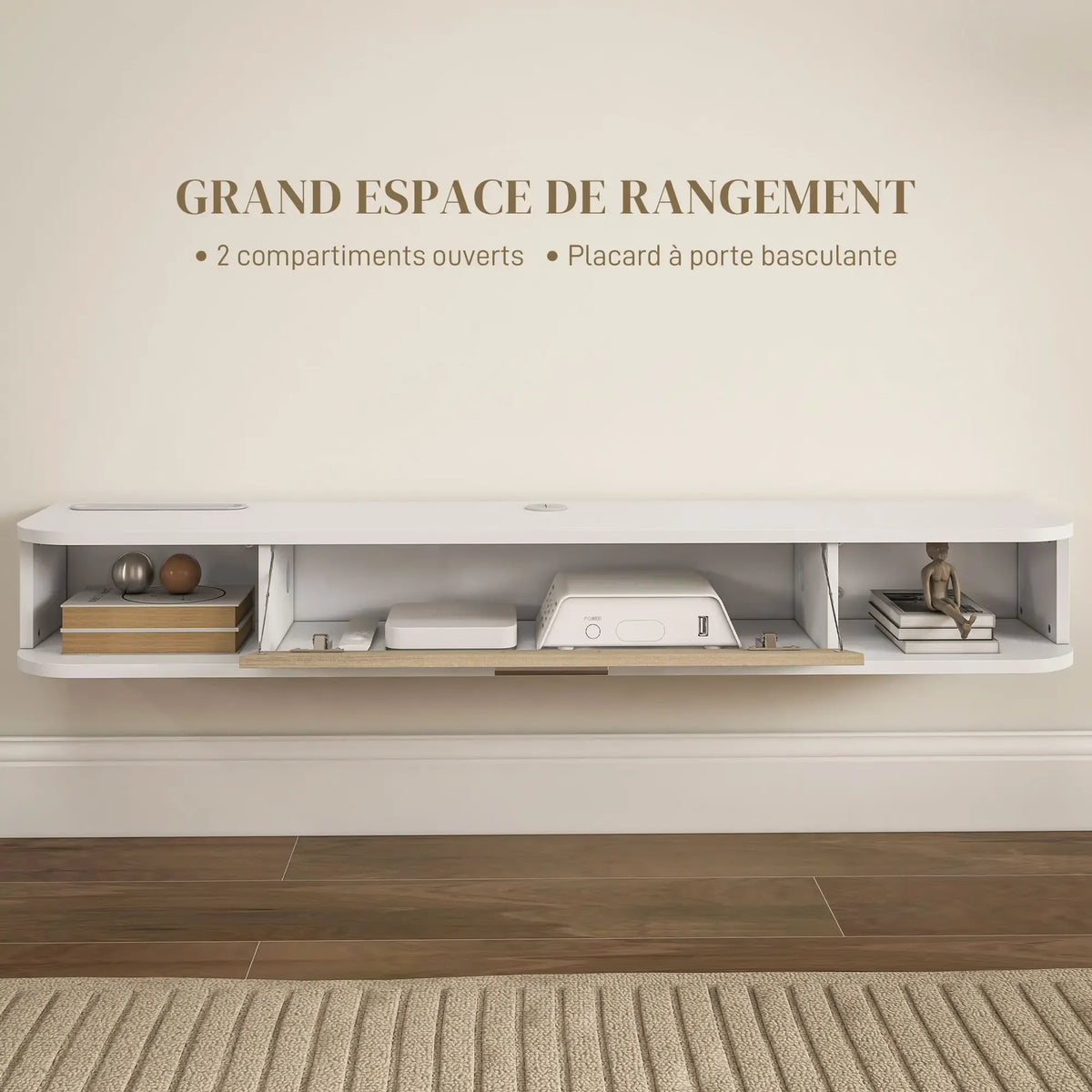 Movany Divine – Meuble TV suspendu blanc, tiroir central