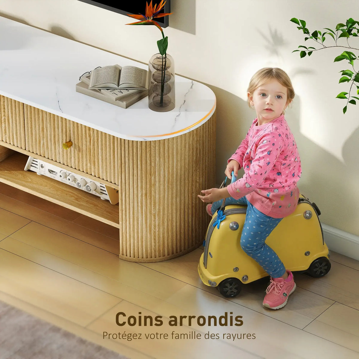 Movany Solen – Meuble TV design bois clair avec plateau effet marbre