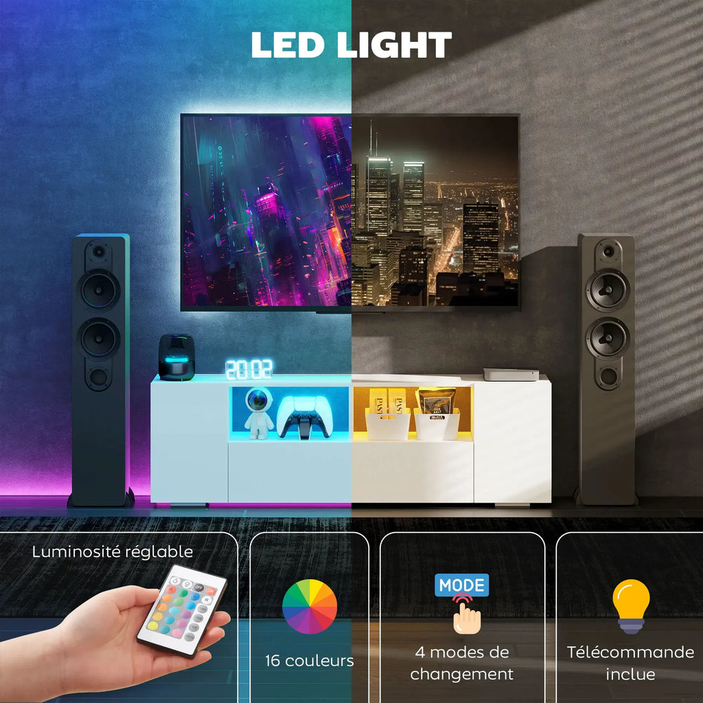 Movany Lumen – Meuble TV Hi-Fi blanc, étagères ouvertes avec éclairage LED