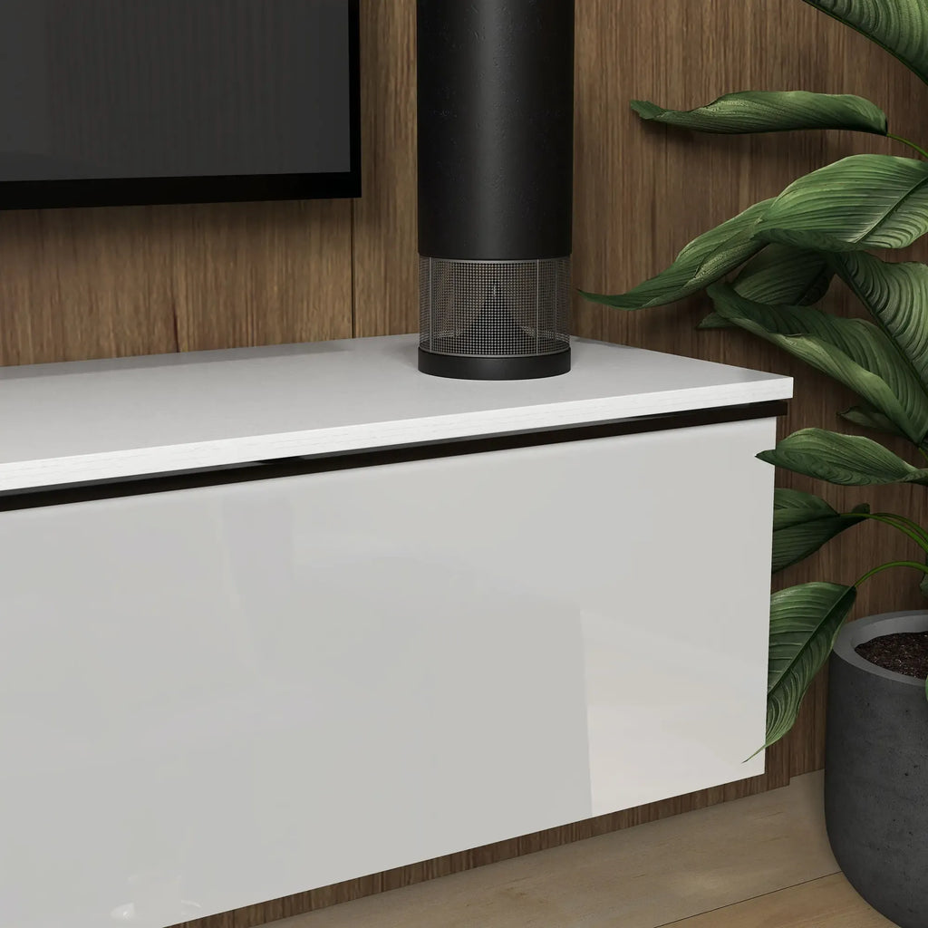 Movany Ivoire – Meuble TV suspendu blanc, rangements fermés