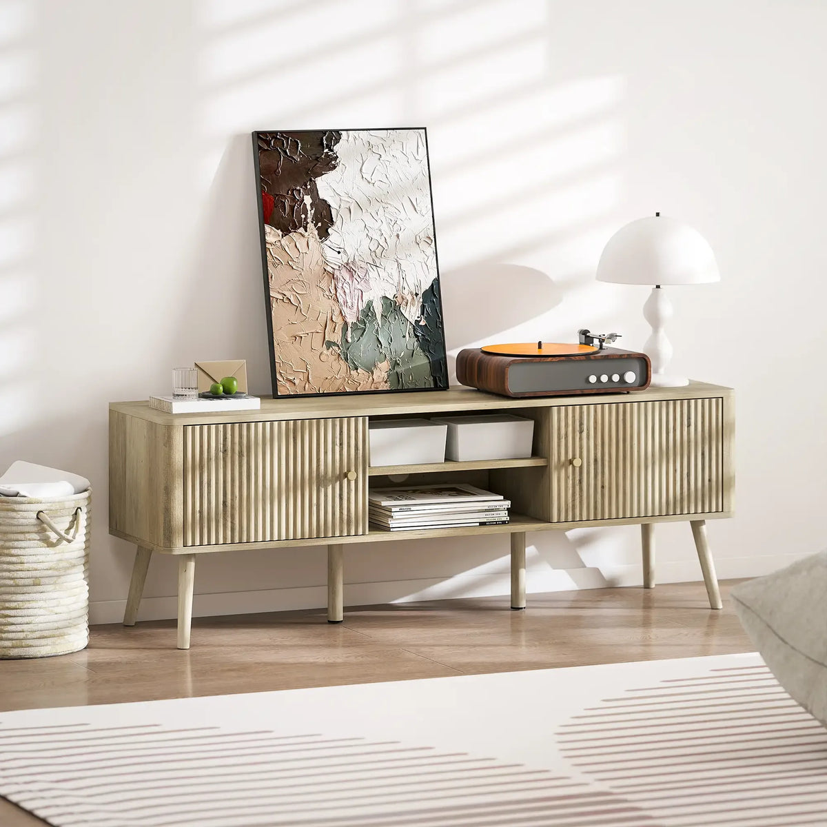 Movany Alma – Meuble TV Hi-Fi bois clair, 2 portes rainurées