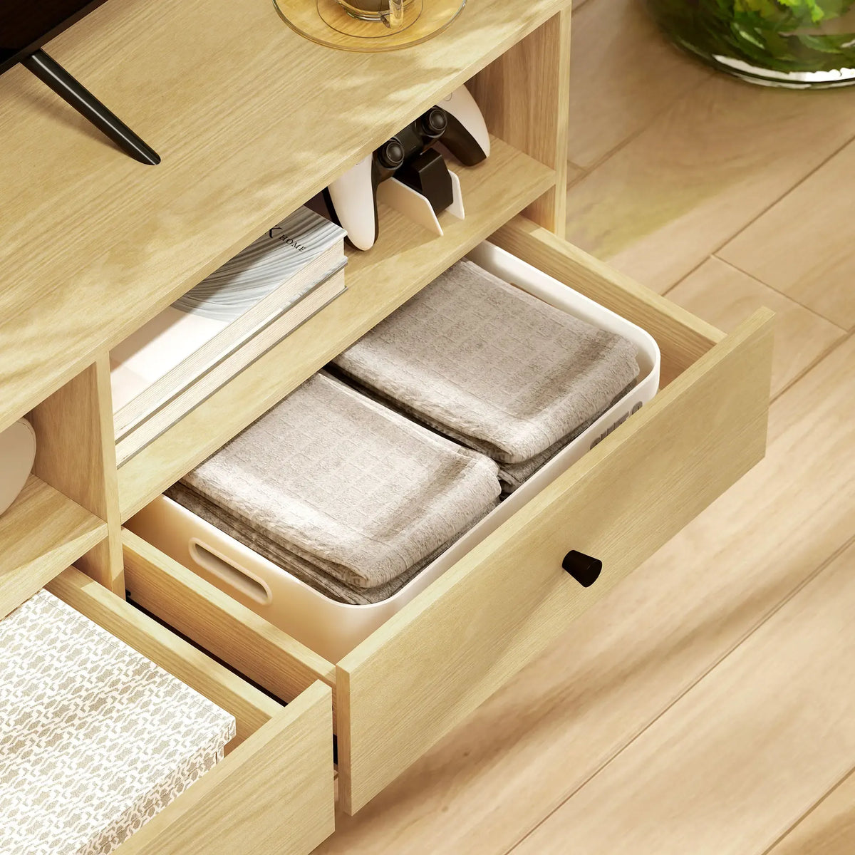 Movany Ava – Meuble TV bois clair, 3 tiroirs et étagères ouvertes