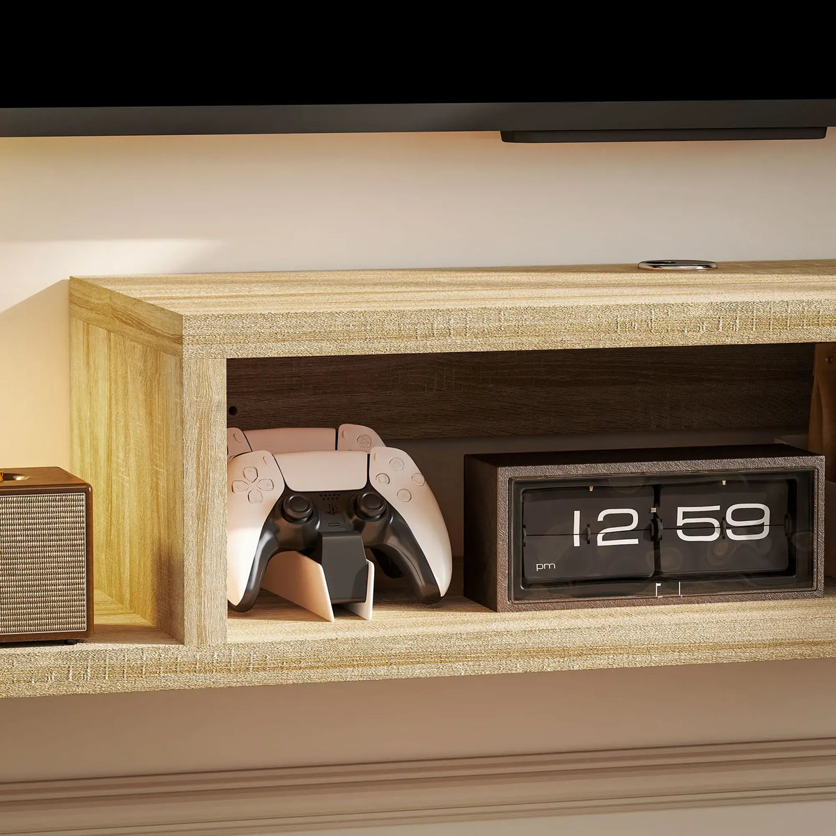 Movany Linea – Meuble TV suspendu bois clair, étagères ouvertes