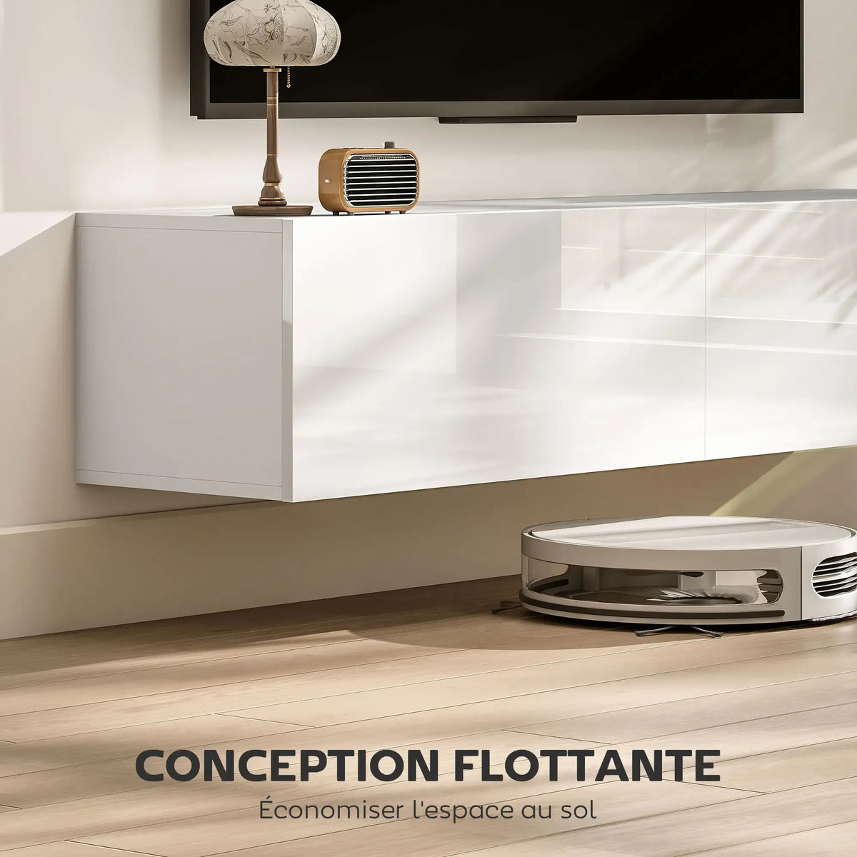 Movany Aura – Meuble TV suspendu blanc, portes sans poignées