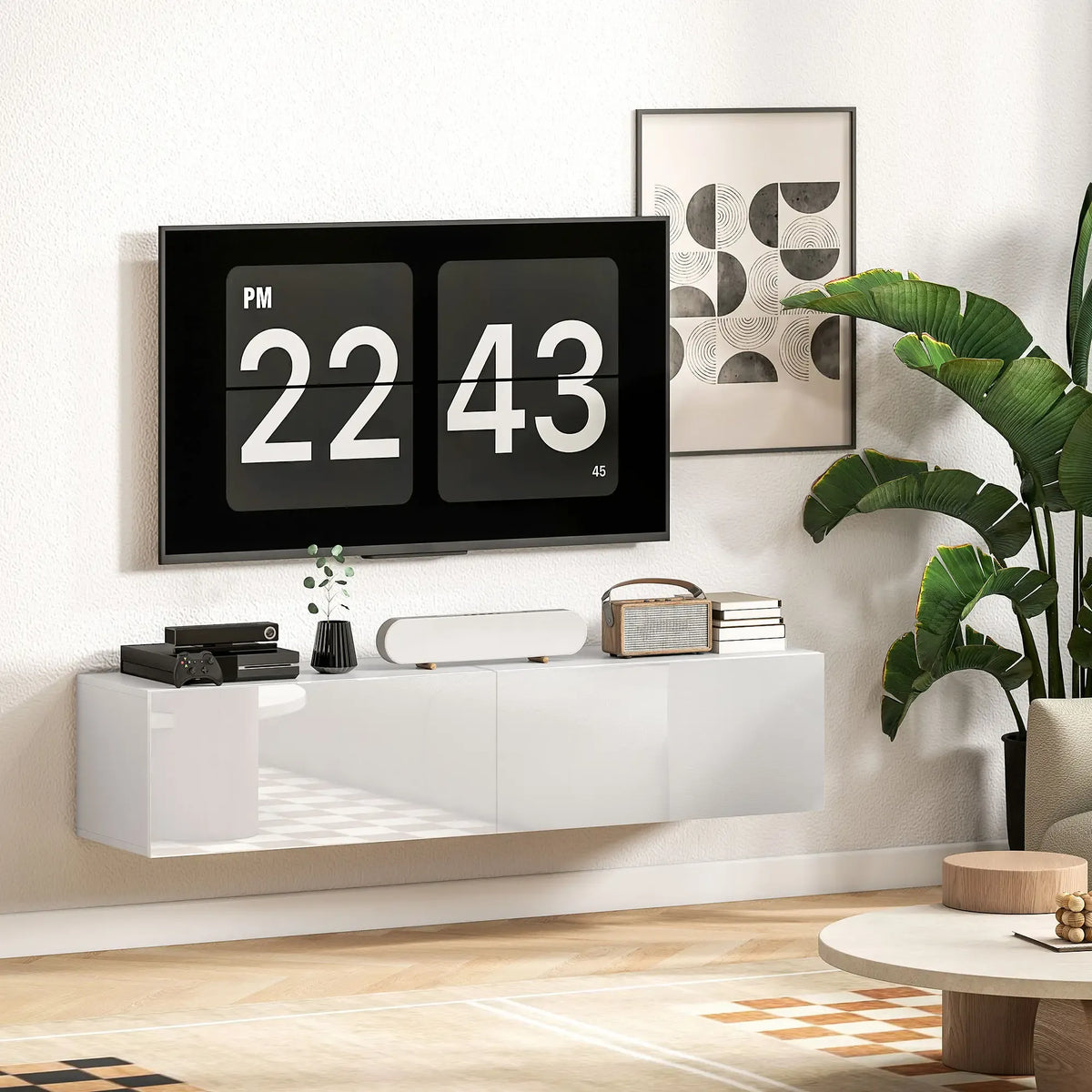 Movany Aura – Meuble TV suspendu blanc, portes sans poignées