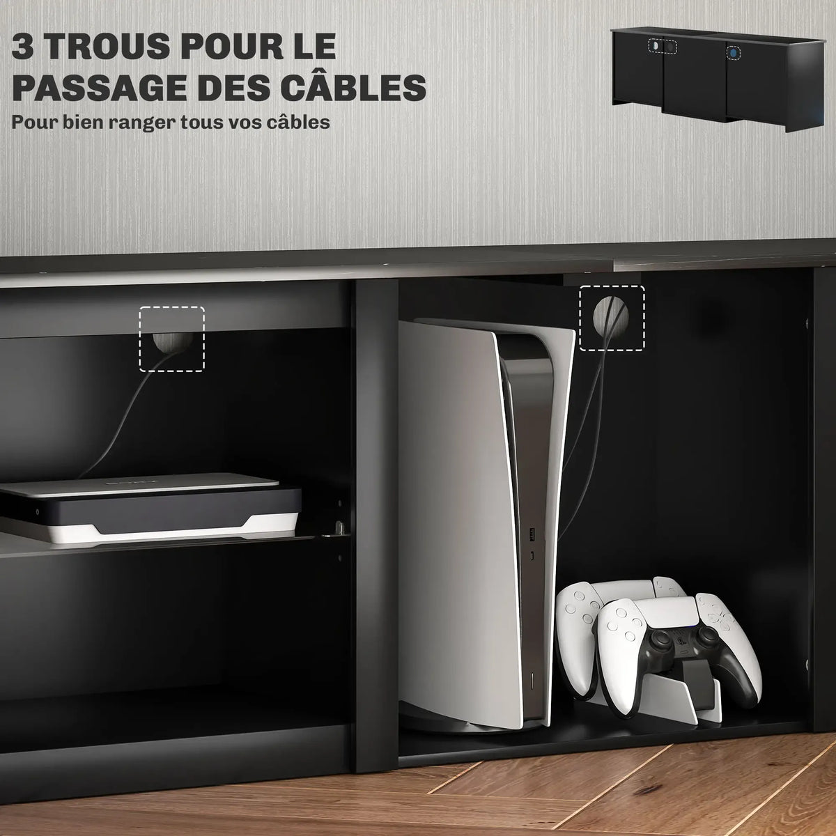 Movany Onyx – Meuble TV Hi-Fi noir, plateau effet marbre