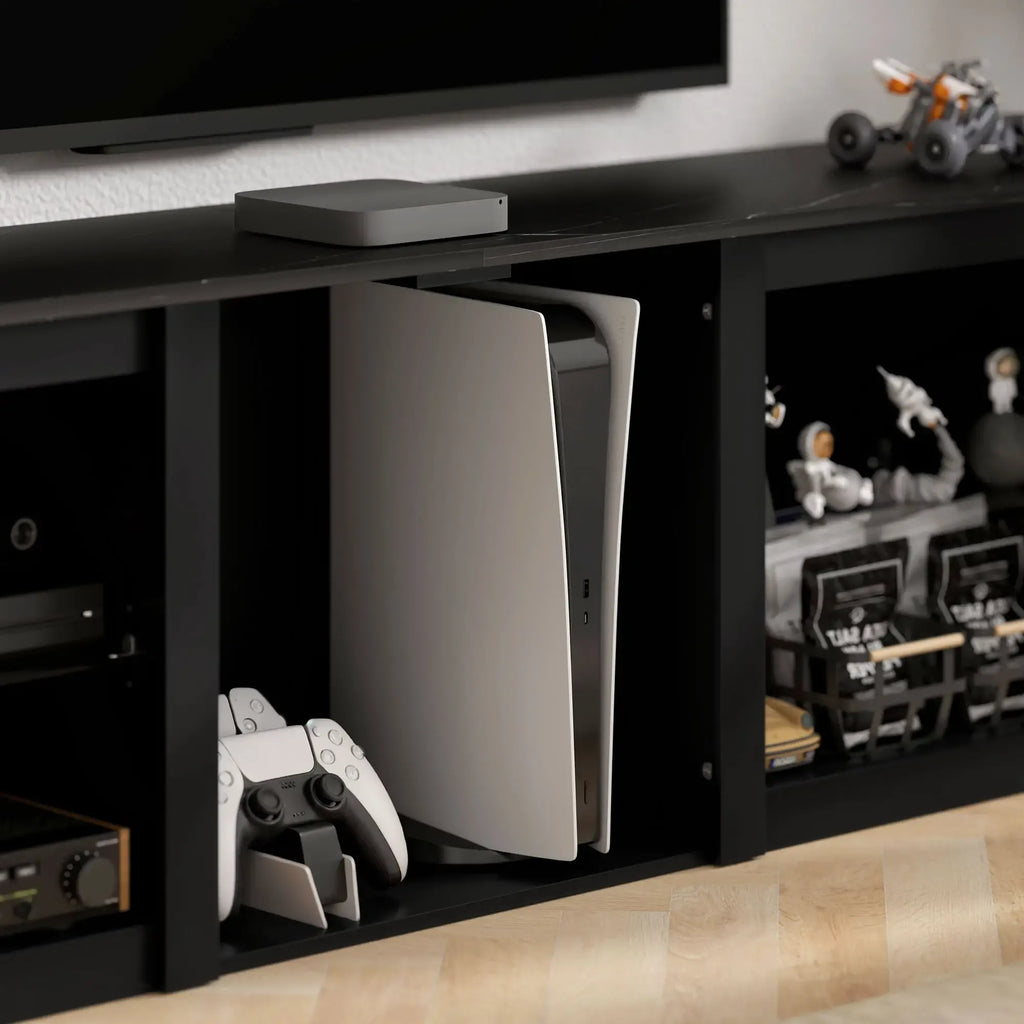 Movany Onyx – Meuble TV Hi-Fi noir, plateau effet marbre